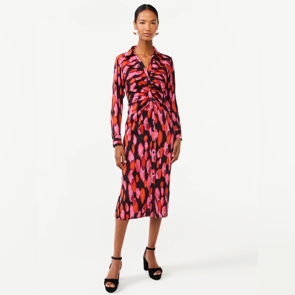 Scoop NYC Ruched Printed Button Front Midi Dress medium US 8-10 Lips Print